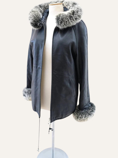 Midnight Leather Coat with Hood & Cuff Trim