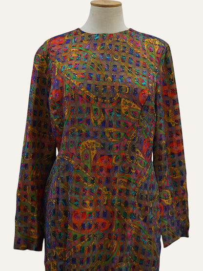 Bespoke Pure Silk Paisley Grid Maxi Dress in Multicolour
