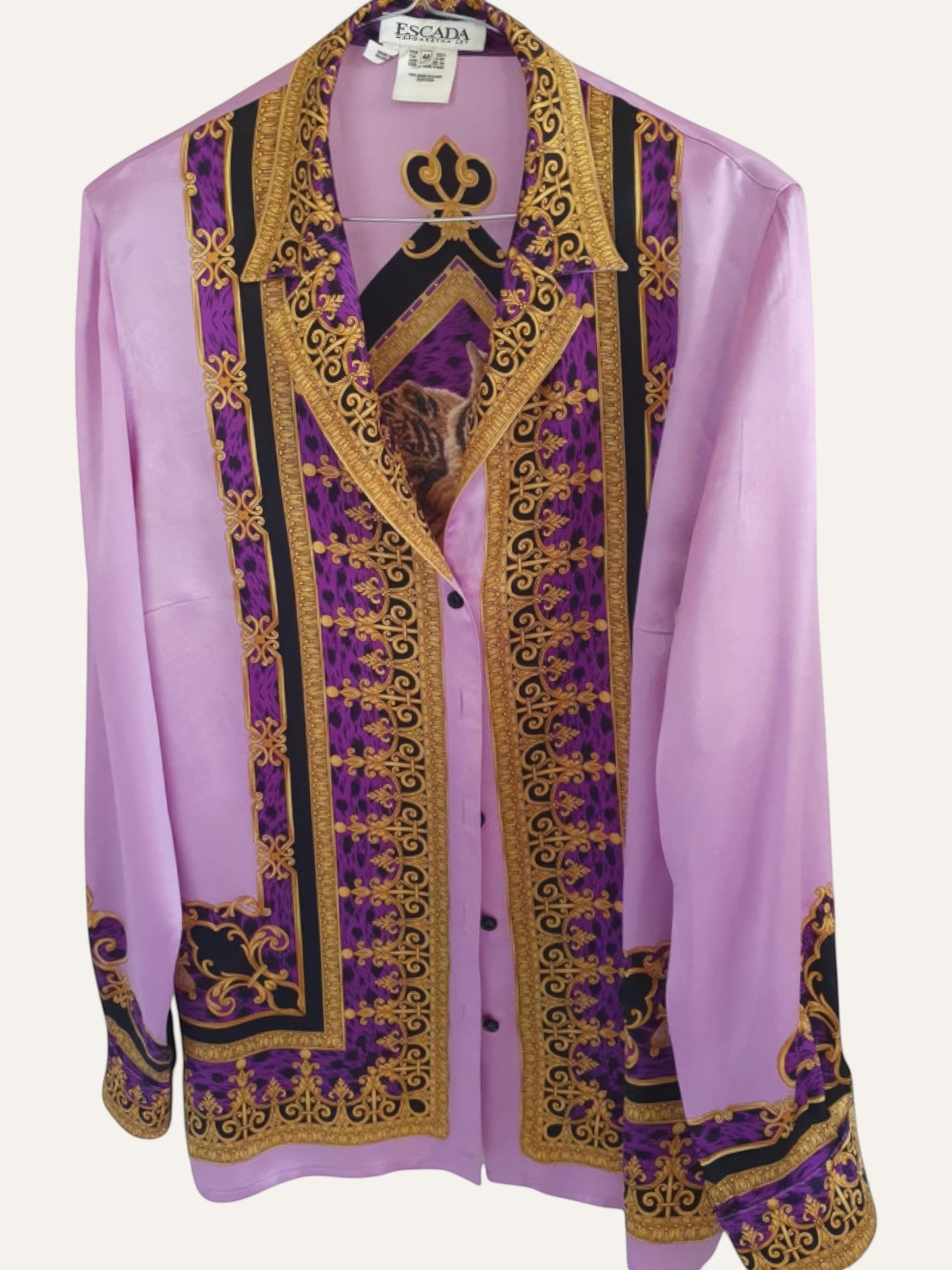Escada by Margaretha Ley 100% Silk Baroque Tiger Shirt in Lilac
