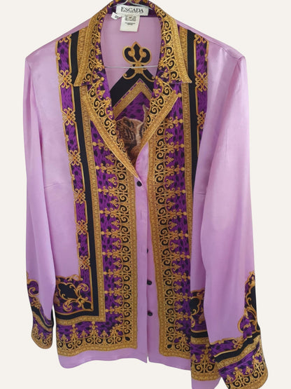 Escada by Margaretha Ley 100% Silk Baroque Tiger Shirt in Lilac