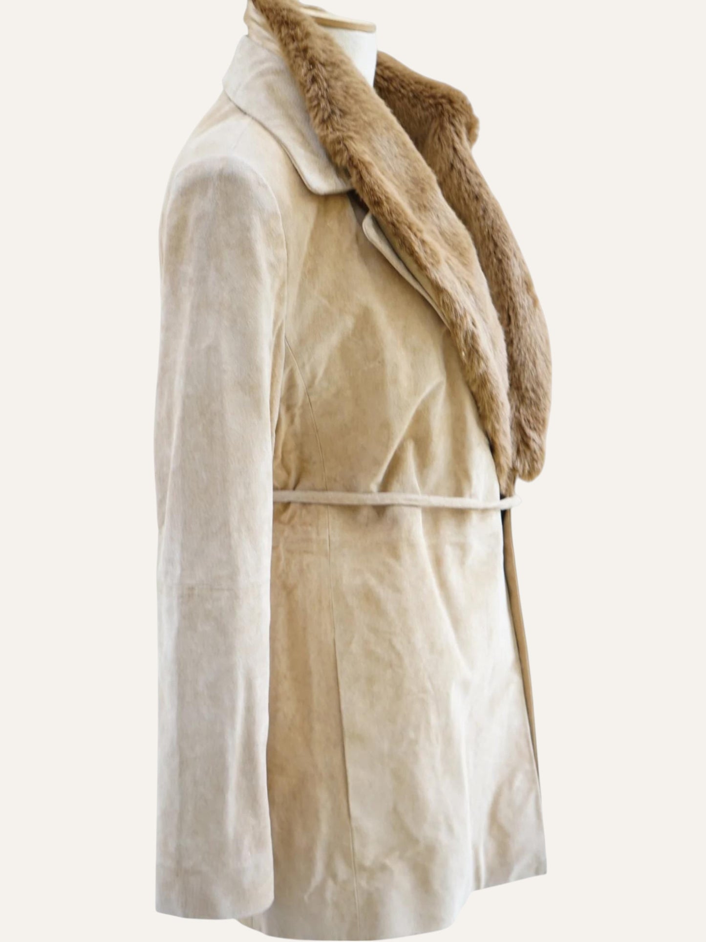 Suede Leather & Fur Collar Belted Jacket