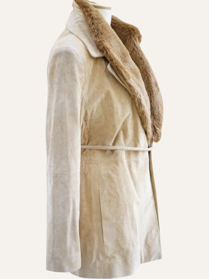 Suede Leather & Fur Collar Belted Jacket