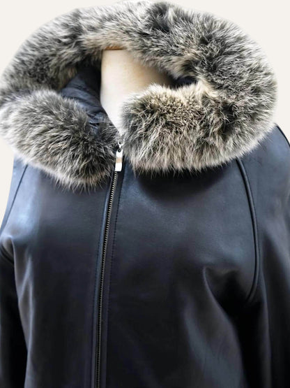Midnight Leather Coat with Hood & Cuff Trim