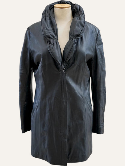 Leather Ruched Collar Noir Coat