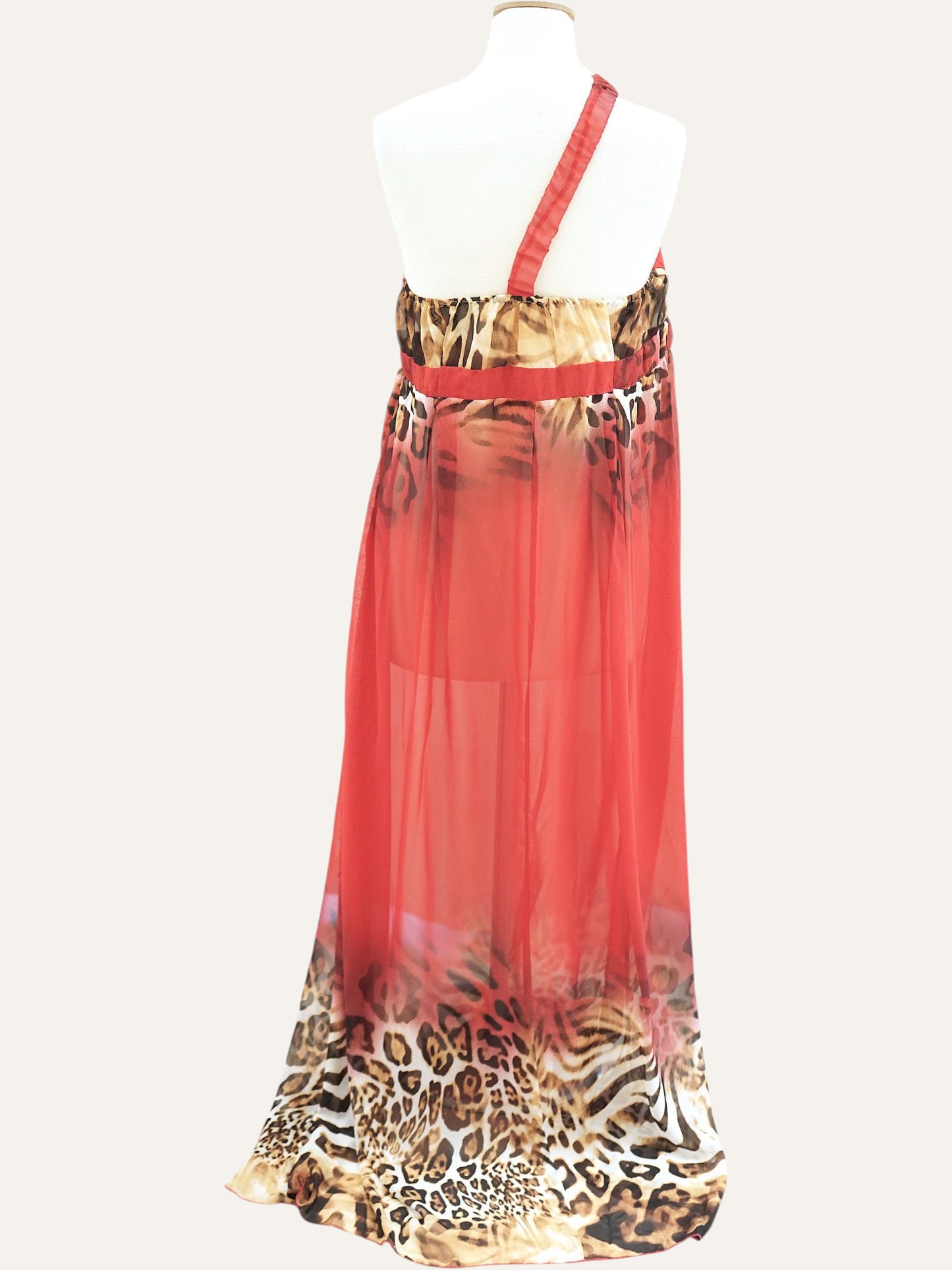 Wild Print One-Shoulder Sheer Gown