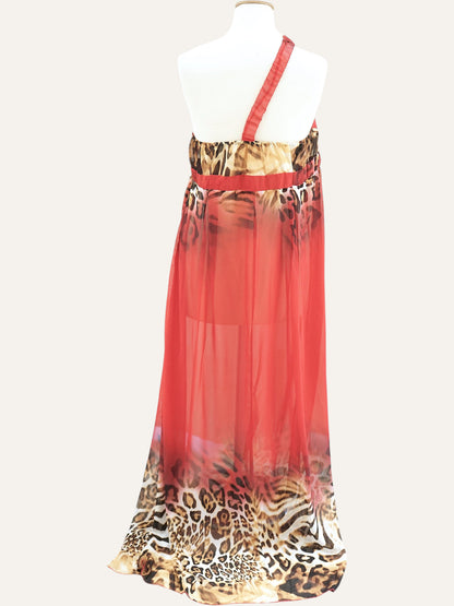 Wild Print One-Shoulder Sheer Gown