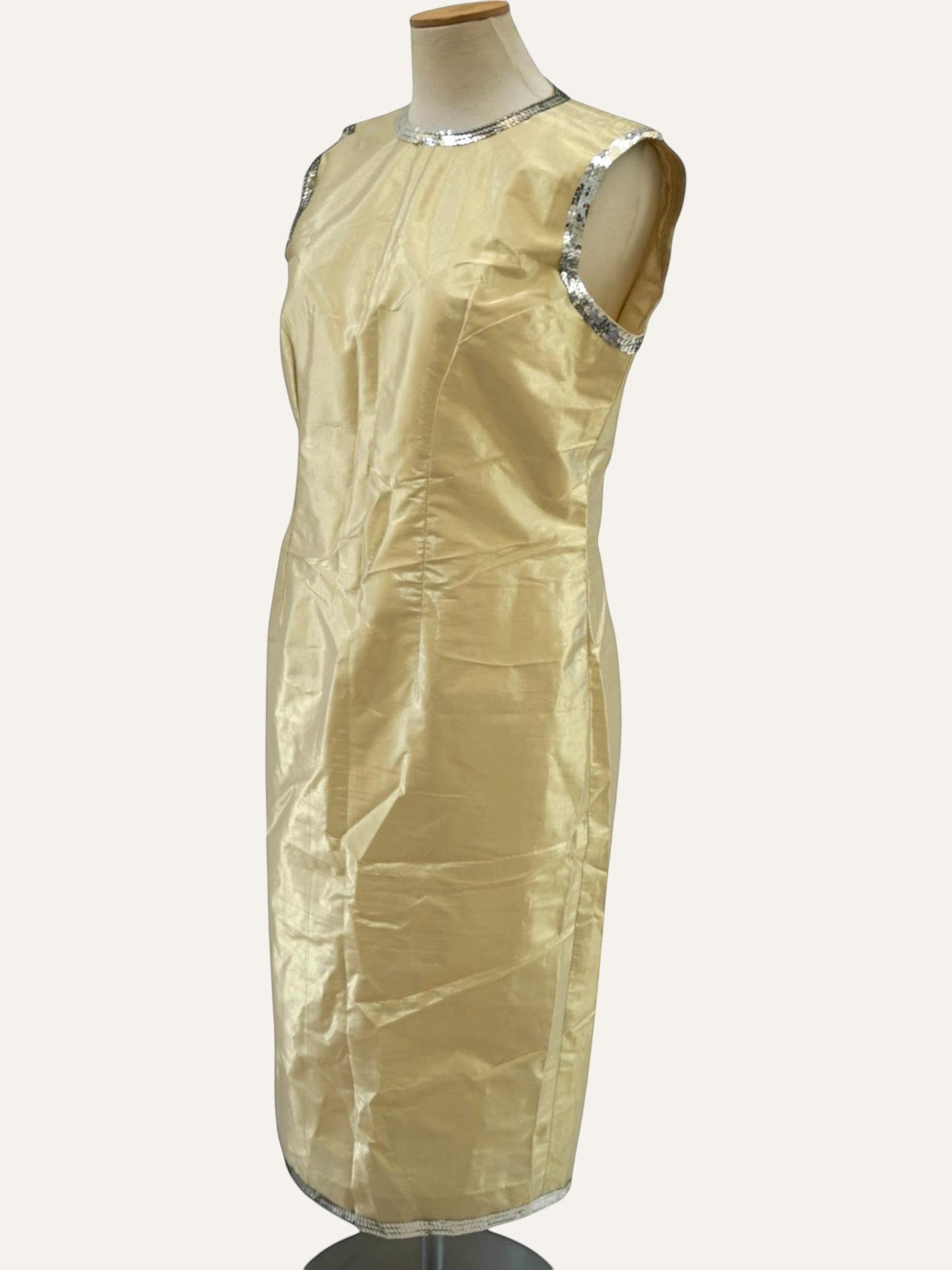 Bespoke Iridescent Taffeta Sheath Dress Silver Sequin Trim