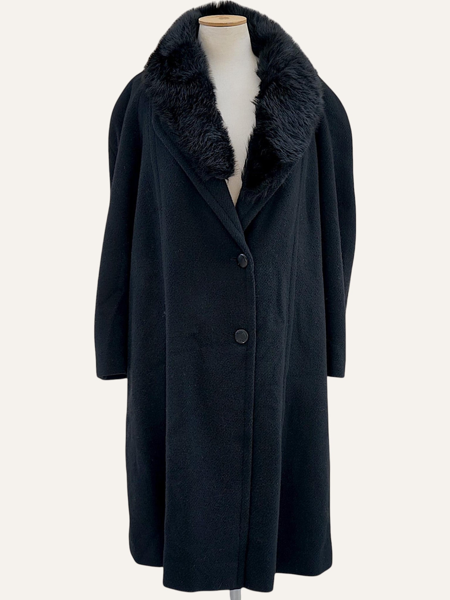 Lancetti black wool coat with real fur collar, front