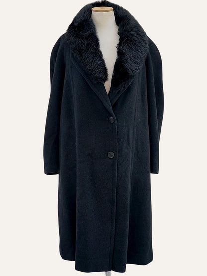 Lancetti black wool coat with real fur collar, front