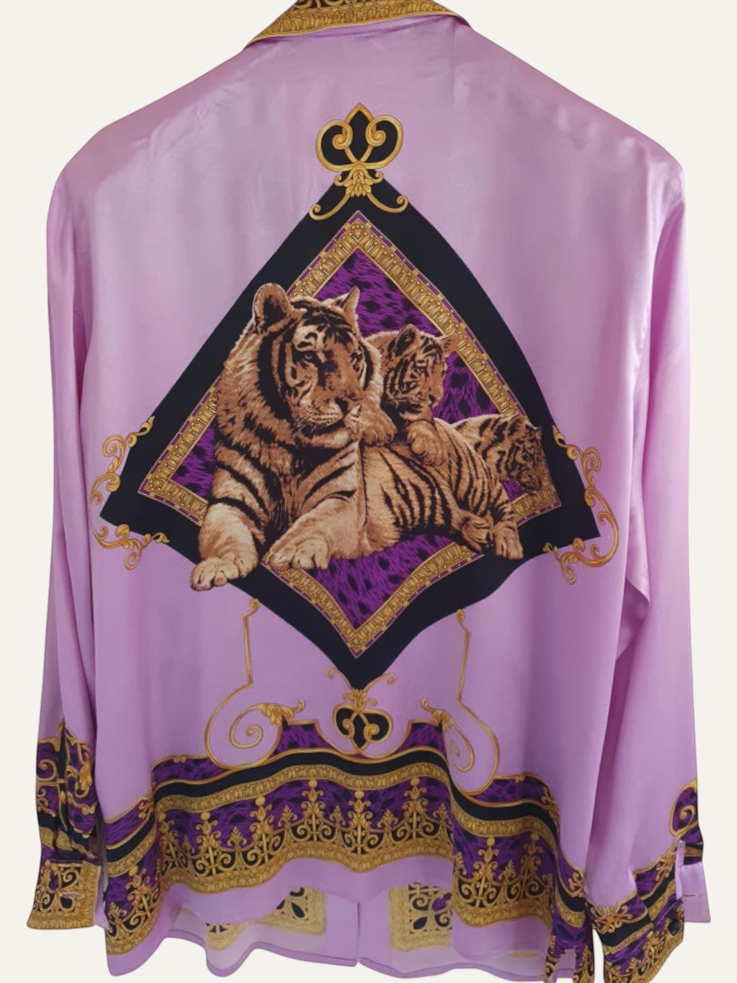 Escada by Margaretha Ley 100% Silk Baroque Tiger Shirt in Lilac