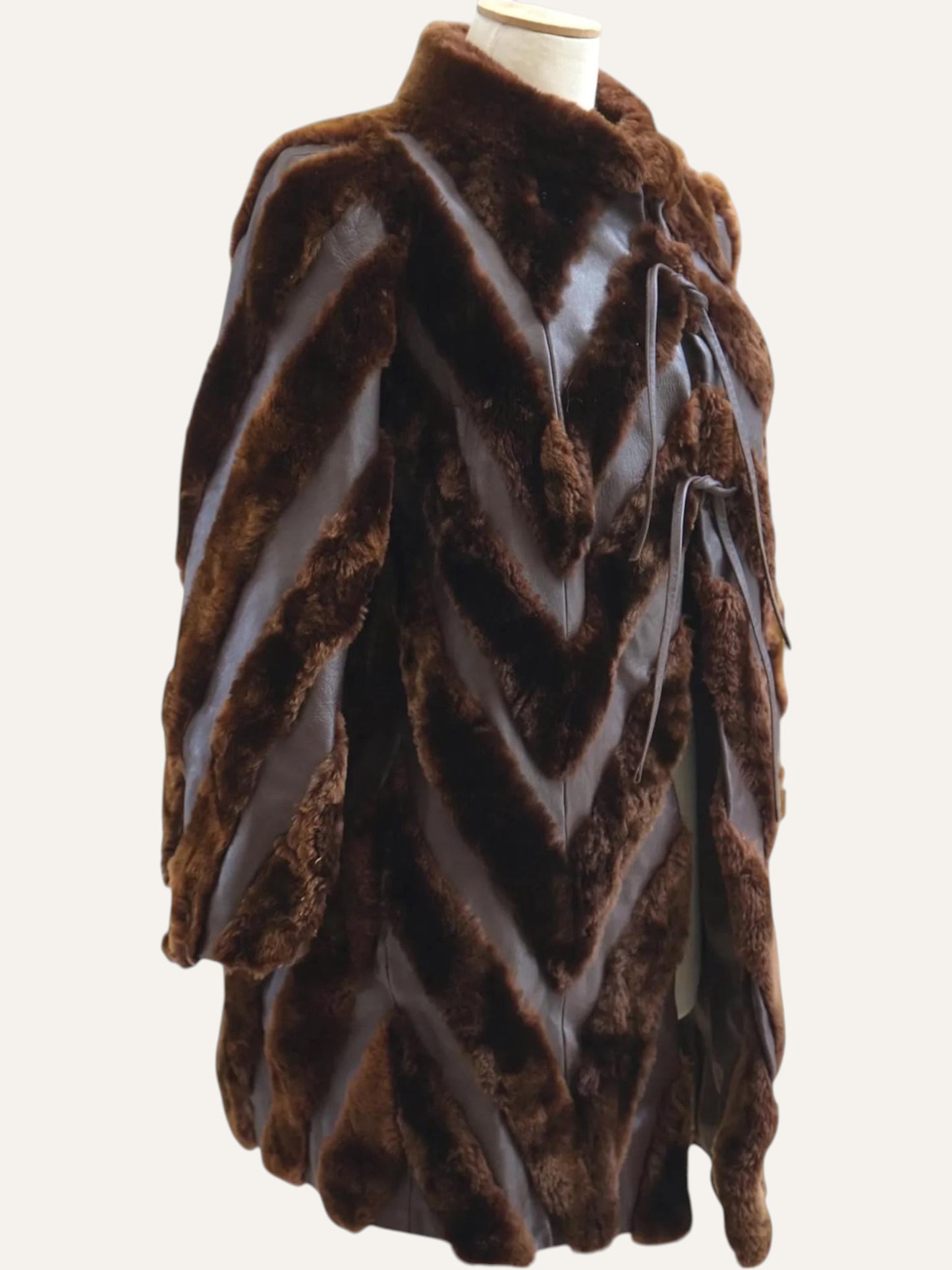 Chevron-Cut Fur & Leather Coat in Tobacco