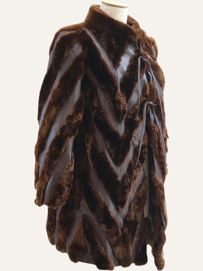 Chevron-Cut Fur & Leather Coat in Tobacco