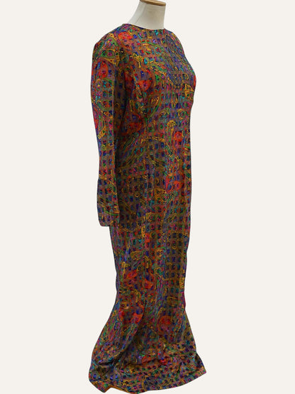 Bespoke Pure Silk Paisley Grid Maxi Dress in Multicolour