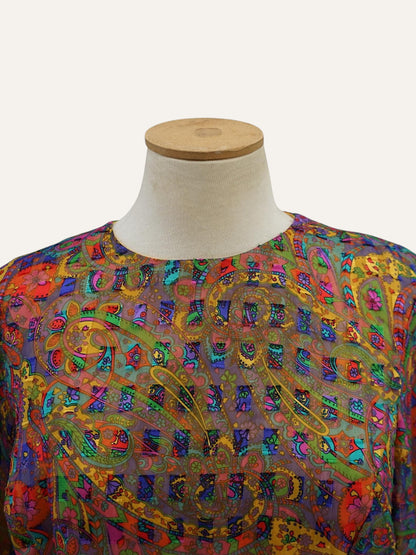 Bespoke Pure Silk Paisley Grid Maxi Dress in Multicolour