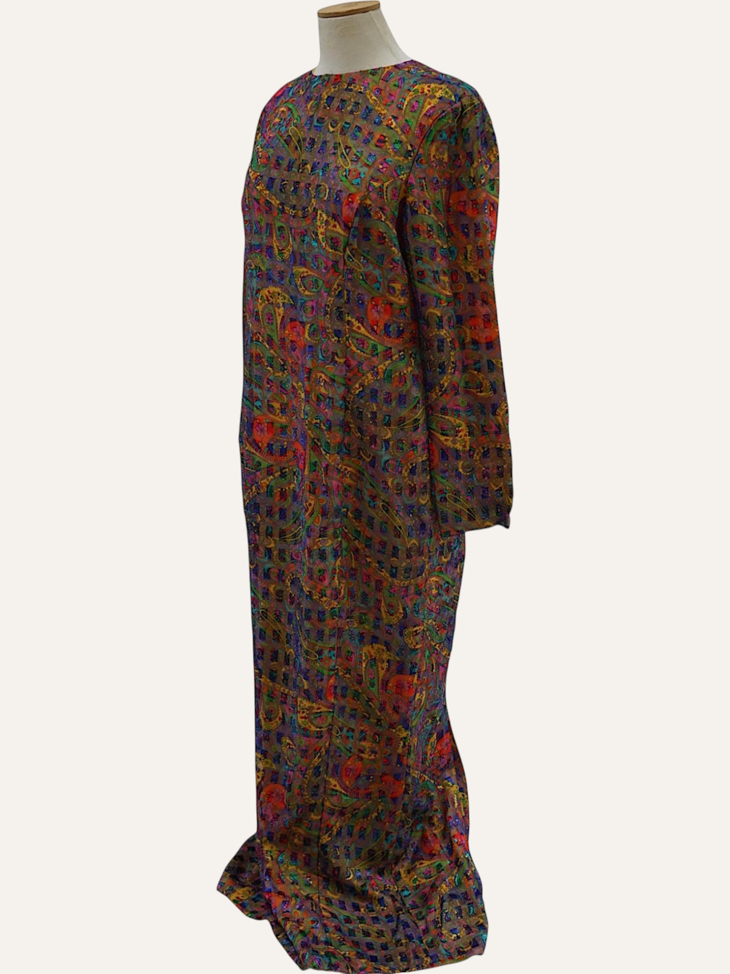 Bespoke Pure Silk Paisley Grid Maxi Dress in Multicolour