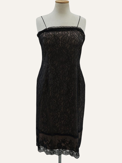 Lace Slip Dress Scallop Hem in Noir