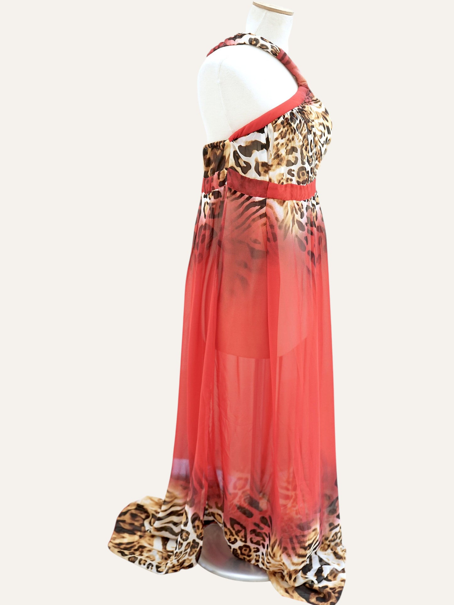 Wild Print One-Shoulder Sheer Gown