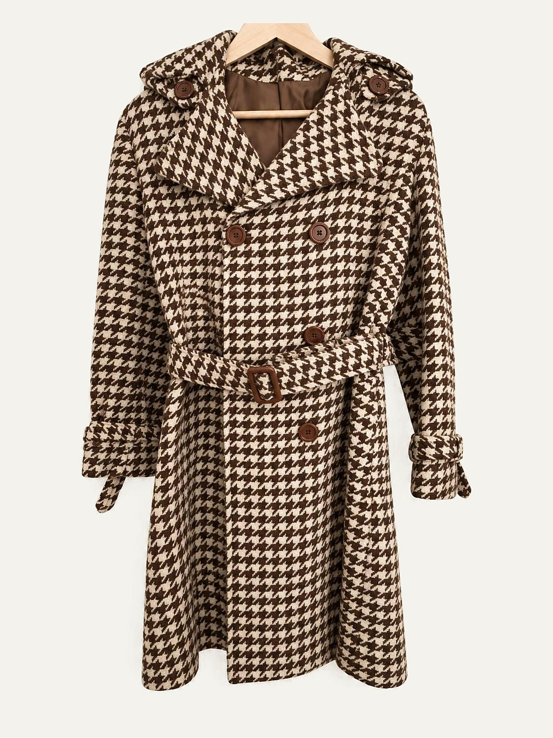 Max Mara houndstooth wool hooded coat in brown and cream with waist belt