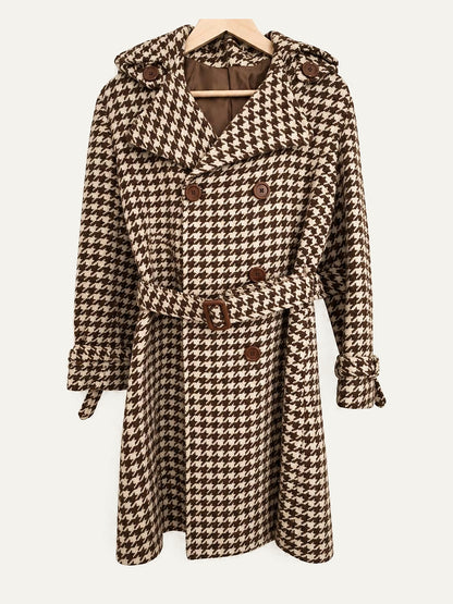 Max Mara houndstooth wool hooded coat in brown and cream with waist belt