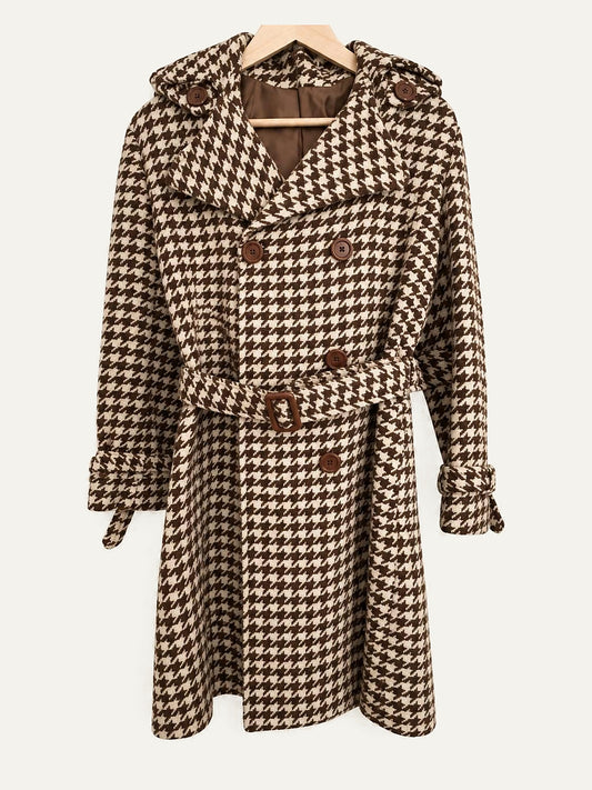 Max Mara houndstooth wool hooded coat in brown and cream with waist belt
