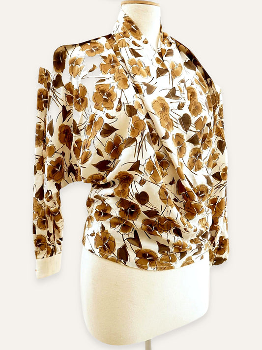 1990s Gianni Versace floral silk shirt, ivory with golden-brown floral print, front view