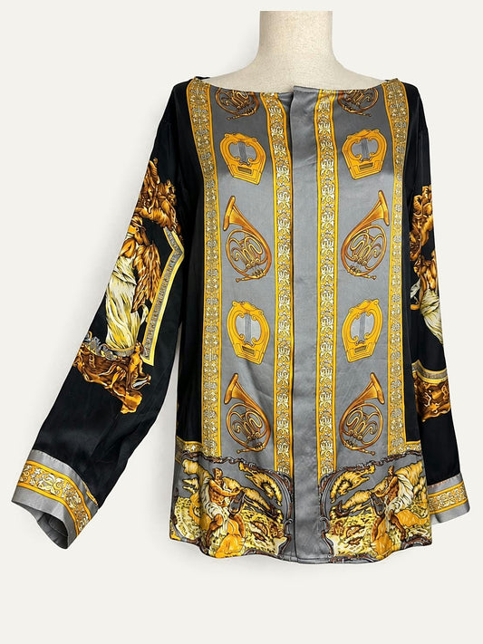 Pure silk blouse with baroque musical print in black, grey and gold